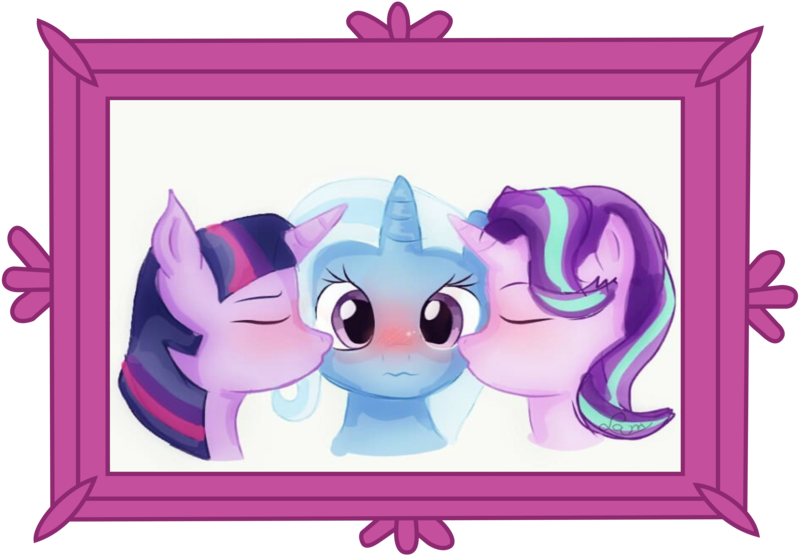 Size: 6250x4351 | Tagged: safe, artist:ejlightning007arts, artist:samyvillaly, derpibooru import, edit, starlight glimmer, trixie, twilight sparkle, blushing, bust, cute, diatrixes, female, kiss on the cheek, kiss sandwich, kissing, lesbian, ot3, picture frame, polyamory, portrait, shipping, startrix, twixie, twixstar