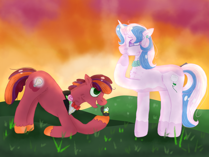 Size: 2048x1536 | Tagged: safe, artist:givolpon, artist:kindheart525, derpibooru import, oc, oc:discovery, oc:primrose, unofficial characters only, earth pony, pony, unicorn, kindverse, female, male, mare, marriage proposal, oc x oc, offspring, offspring shipping, parent:big macintosh, parent:cheerilee, parent:fancypants, parent:fleur-de-lis, parents:cheerimac, parents:fancyfleur, shipping, stallion, story in the source, story included, straight, vitiligo