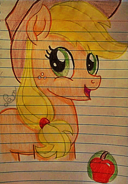 Size: 474x678 | Tagged: safe, artist:samyvillaly, derpibooru import, applejack, pony, apple, doodle, food, lined paper, obligatory apple, traditional art