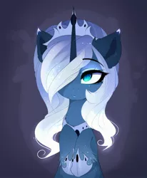 Size: 1752x2130 | Tagged: safe, artist:magnaluna, derpibooru import, princess luna, alicorn, pony, alternate design, chest fluff, crown, cute, ear fluff, female, hair over one eye, hoof shoes, hooves to the chest, jewelry, leg fluff, lunabetes, mare, regalia, slit eyes, slit pupils, solo, unshorn fetlocks