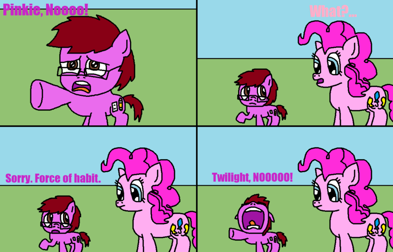 Size: 1279x820 | Tagged: artist:logan jones, colt, derpibooru import, drama king, force of habit, habit, implied danger, implied twilight sparkle, male, melodramatic, meme, misnaming, oc, oc:logan berry, pinkie pie, ponified meme, safe, the simpsons, younger