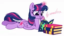 Size: 1185x671 | Tagged: safe, artist:sonnatora, derpibooru import, twilight sparkle, twilight sparkle (alicorn), alicorn, pony, book, bookhorse, cute, ear fluff, female, magic, mare, prone, reading, simple background, solo, telekinesis, twiabetes, white background