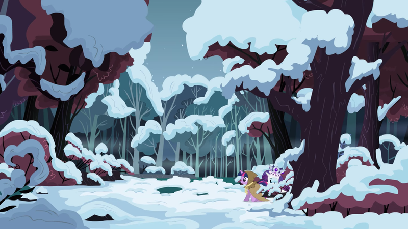 Size: 2880x1620 | Tagged: safe, derpibooru import, screencap, clover the clever, princess platinum, rarity, twilight sparkle, pony, unicorn, hearth's warming eve (episode), clearing, crown, duo, female, forest, hood, jewelry, mare, regalia, snow, tree, unicorn twilight