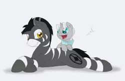 Size: 1014x651 | Tagged: safe, artist:ravenpuff, deleted from derpibooru, derpibooru import, oc, oc:caesar, oc:silver deluxe, unofficial characters only, pony, unicorn, zebra, bowtie, brothers, colt, duo, happy, male, prone, siblings, smiling, stallion, zebra oc