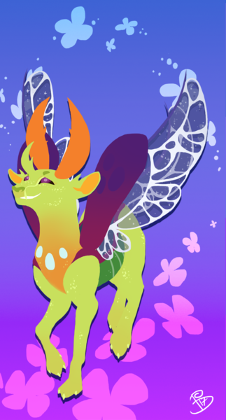 Size: 715x1328 | Tagged: artist:glamrockbonnie, changedling, changeling, derpibooru import, flying, insect wings, king thorax, lineless, male, safe, signature, smiling, solo, spread wings, thorax, wings