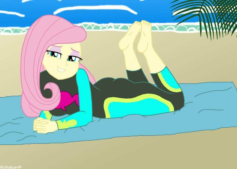 Size: 1058x755 | Tagged: safe, artist:robukun, derpibooru import, fluttershy, equestria girls, barefoot, beach, beach towel, bedroom eyes, clothes, feet, feet up, foot focus, grin, looking at you, prone, smiling, smiling at you, solo, swimsuit, wetsuit