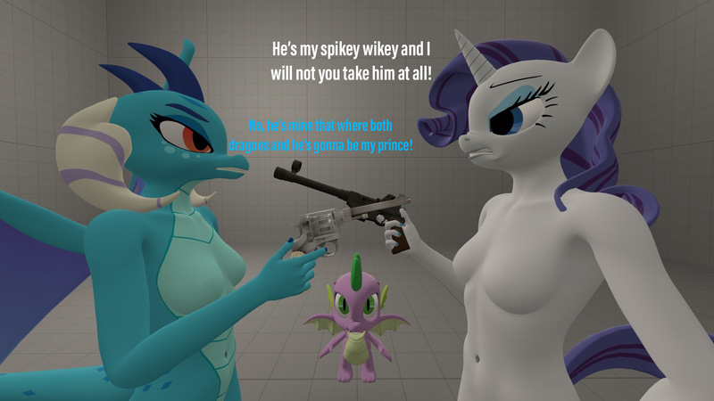 Size: 1920x1080 | Tagged: suggestive, artist:reaper2545, derpibooru import, princess ember, rarity, spike, anthro, dragon, unicorn, 3d, breasts, emberspike, featureless breasts, female, gun, handgun, male, pistol, revolver, shipping, sparity, straight, weapon