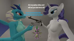 Size: 1920x1080 | Tagged: suggestive, artist:reaper2545, derpibooru import, princess ember, rarity, spike, anthro, dragon, unicorn, 3d, breasts, emberspike, featureless breasts, female, gun, handgun, male, pistol, revolver, shipping, sparity, straight, weapon