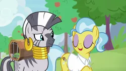 Size: 1920x1080 | Tagged: safe, derpibooru import, screencap, doctor fauna, zecora, earth pony, pony, zebra, she talks to angel, apple, apple tree, beautiful, cage, cute, duo, ear piercing, earring, eyes closed, eyeshadow, female, food, grin, jewelry, makeup, mare, mohawk, neck rings, open mouth, piercing, ponytail, purple eyeshadow, raised eyebrow, raised hoof, smiling, tree