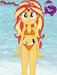 Size: 793x1034 | Tagged: suggestive, artist:invisibleink, artist:marcusvanngriffin, deleted from derpibooru, derpibooru import, edit, sunset shimmer, equestria girls, beach, belly button, belt, bikini, bond girl, breasts, clothes, crossover, die another day, equestria girls logo, james bond, jinx johnson, knife, logo, logo edit, looking at you, sexy, solo, swimsuit, water, weapon