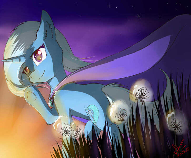 Size: 1040x859 | Tagged: safe, artist:yuris, derpibooru import, trixie, pony, unicorn, cheek fluff, chest fluff, crepuscular rays, dandelion, ear fluff, female, leg fluff, mare, night, sky, solo, stars, sunset