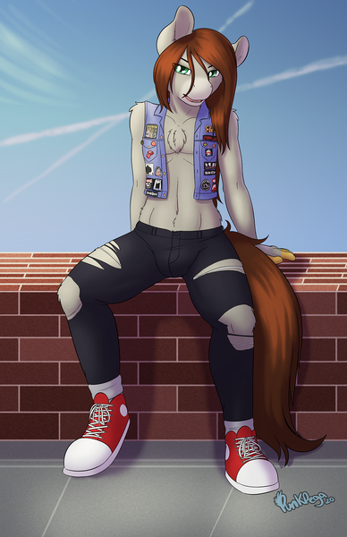 Size: 1200x1855 | Tagged: suggestive, artist:punk-pegasus, derpibooru import, oc, oc:whirly windmills, unofficial characters only, anthro, earth pony, chest fluff, clothes, converse, crotch bulge, denim jacket, jeans, male, pants, patches, punk, ripped jeans, shoes, solo, solo male