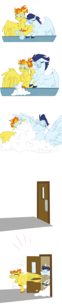 Size: 1536x7524 | Tagged: safe, artist:parrpitched, deleted from derpibooru, derpibooru import, soarin', spitfire, pegasus, pony, chemistry, chest fluff, colored hooves, comic, door, duo, erlenmeyer flask, experiment, female, flask, foam, goggles, male, mare, missing cutie mark, running away, safety goggles, simple background, stallion, transparent background