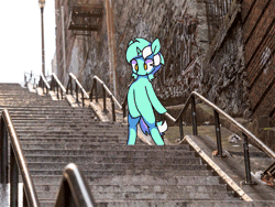Size: 1111x834 | Tagged: safe, artist:shovrike, derpibooru import, edit, lyra heartstrings, pony, unicorn, animated, dancing, flossing (dance), frame by frame, irl, joker (2019), joker stairs, photo, ponies in real life, solo, stairs, the joker