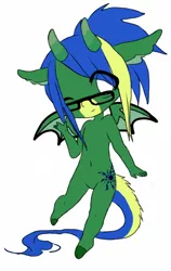 Size: 474x752 | Tagged: anthro, artist:devilishcatkaia, bat wings, chibi, demon, demon pony, derpibooru import, eyebrows visible through hair, featureless crotch, glasses, multiple horn, oc, oc:princess singularity, one eye closed, original species, safe, smiling, solo, unguligrade anthro, unofficial characters only, waving, white eyes, wings, wink