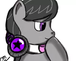 Size: 1280x1024 | Tagged: safe, artist:crescentpony, derpibooru import, octavia melody, earth pony, pony, bust, choker, female, headphones, mare, raised hoof, simple background, solo, white background