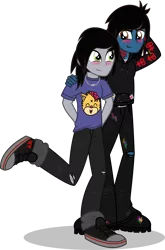 Size: 2021x3067 | Tagged: safe, artist:stellardusk, derpibooru import, ponified:kellin quinn, ponified:oliver sykes, equestria girls, arm behind head, belt, blushing, boots, bring me the horizon, clothes, commission, disguise, disguised siren, drop dead clothing, equestria girls-ified, gay, hand on shoulder, hands behind back, hoodie, jeans, jewelry, lip piercing, looking at each other, male, necklace, paint bottle, paint stains, pants, piercing, raised leg, ripped jeans, shipping, shirt, shoes, simple background, sleeping with sirens, smiling, t-shirt, tattoo, transparent background, undershirt