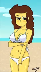 Size: 936x1638 | Tagged: safe, artist:cafakero, derpibooru import, oc, oc:flower melody, unofficial characters only, equestria girls, beach, bikini, blushing, clothes, ocean, solo, swimsuit