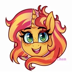 Size: 1500x1500 | Tagged: safe, artist:katakiuchi4u, derpibooru import, sunset shimmer, pony, unicorn, :d, bust, cute, female, freckles, happy, head only, looking at you, mare, open mouth, portrait, shimmerbetes, simple background, smiling, solo, white background