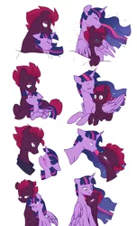 Size: 4202x6900 | Tagged: safe, artist:chub-wub, derpibooru import, princess twilight 2.0, tempest shadow, twilight sparkle, twilight sparkle (alicorn), alicorn, pony, unicorn, the last problem, blushing, broken horn, cuddling, cute, eye scar, female, horn, hug, imminent kissing, lesbian, mare, nuzzling, scar, shipping, simple background, size difference, spooning, tempestbetes, tempestlight, twiabetes, white background, winghug