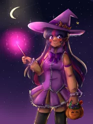 Size: 1280x1707 | Tagged: artist:mylittleyuri, artist:twi-shys, blushing, candy, clothes, costume, crescent moon, derpibooru import, elf ears, food, glow, halloween, halloween costume, hat, holiday, human, humanized, magic, magic aura, magic wand, moon, night, night sky, pumpkin, safe, sky, socks, solo, stars, thigh highs, twilight sparkle, wand, witch, witch hat