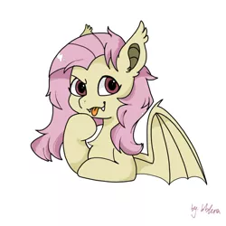 Size: 1080x1080 | Tagged: safe, artist:bbluna, derpibooru import, fluttershy, bat pony, bat ponified, bat wings, bust, chest fluff, cute, ear fluff, flutterbat, looking at you, race swap, shyabates, shyabetes, simple background, tongue out, white background, wings