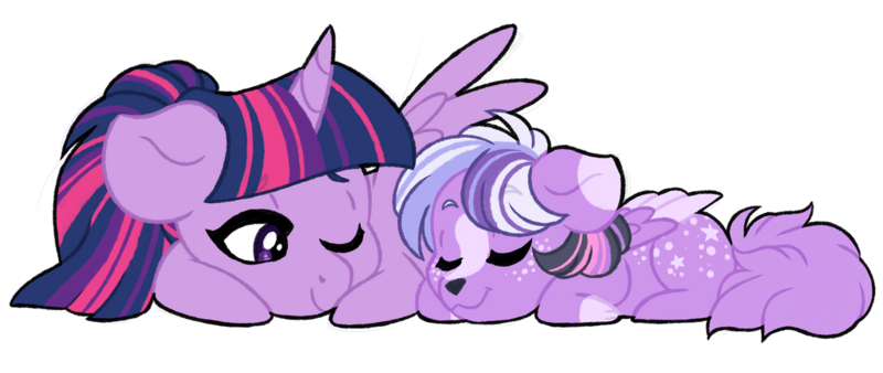 Size: 1024x433 | Tagged: safe, artist:azure-art-wave, derpibooru import, twilight sparkle, twilight sparkle (alicorn), oc, oc:satin nebula, alicorn, hybrid, pony, female, hybrid offspring, interspecies offspring, mare, mother, offspring, one eye closed, parent:discord, parent:twilight sparkle, parents:discolight, prone, simple background, sleeping, transparent background