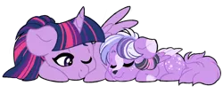 Size: 1024x433 | Tagged: safe, artist:azure-art-wave, derpibooru import, twilight sparkle, twilight sparkle (alicorn), oc, oc:satin nebula, alicorn, hybrid, pony, female, hybrid offspring, interspecies offspring, mare, mother, offspring, one eye closed, parent:discord, parent:twilight sparkle, parents:discolight, prone, simple background, sleeping, transparent background