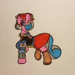 Size: 1973x1973 | Tagged: artist:dice-warwick, clothes, derpibooru import, dress, fallout equestria, glasses, jacket, mirage pony, oc, oc:harp melody, pipbuck, red hat, safe, solo, traditional art, unofficial characters only, vest