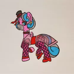 Size: 2086x2086 | Tagged: artist:dice-warwick, choker, clothes, corset, derpibooru import, dress, fallout equestria, fishnets, horn, mirage pony, oc, oc:harp melody, red shoes, safe, small hat, small horn, small wings, solo, traditional art, unofficial characters only, wings