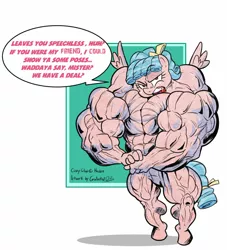 Size: 1280x1407 | Tagged: abs, anthro, artist:guitartist03, cozy glow, cozy swole, derpibooru import, eyebrows, eyebrows visible through hair, female, fetish, flexing, hyper, hyper muscle, looking at you, muscle fetish, muscles, nudity, overdeveloped muscles, pecs, ripped, safe, simple background, solo, standing, text, unguligrade anthro, wings