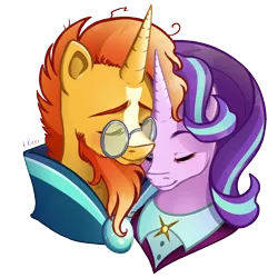 Size: 900x900 | Tagged: safe, artist:asilingrose, derpibooru import, starlight glimmer, sunburst, pony, unicorn, the last problem, beard, clothes, eyebrows, eyes closed, facial hair, female, male, mare, nuzzling, older, older starlight glimmer, older sunburst, shipping, simple background, smiling, stallion, starburst, straight, suit, sunburst the bearded, transparent background