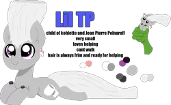 Size: 1439x888 | Tagged: safe, artist:nootaz, derpibooru import, oc, oc:anon, oc:lil tp, unofficial characters only, earth pony, pony, colt, disembodied hand, hand, holding a pony, interspecies offspring, male, offscreen character, offspring, parent:jean pierre polnareff, parent:oc:kohlette, prone, reference sheet, simple background, toilet paper, transparent background