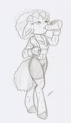 Size: 678x1172 | Tagged: safe, artist:ravenpuff, deleted from derpibooru, derpibooru import, oc, oc:atjour service, anthro, unguligrade anthro, unicorn, bottle, clothes, female, gym uniform, mare, monochrome, solo, sports bra, traditional art