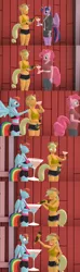 Size: 1920x6480 | Tagged: safe, artist:papadragon69, derpibooru import, applejack, pinkie pie, rainbow dash, twilight sparkle, alicorn, anthro, earth pony, pegasus, 3d, alcohol, belly button, cider, clothes, disappointment, drink, glass, midriff, old master q, parody, reference, source filmmaker