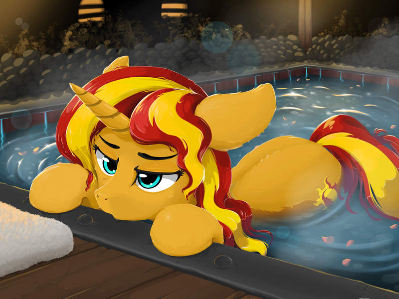 Size: 2048x1536 | Tagged: safe, artist:qzygugu, derpibooru import, sunset shimmer, pony, unicorn, equestria girls, female, floppy ears, hot springs, lidded eyes, mare, not fiery shimmer, relaxed, towel