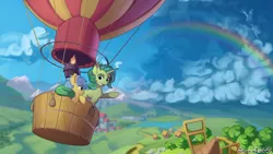 Size: 1920x1080 | Tagged: safe, artist:discordthege, derpibooru import, earth pony, pony, unicorn, female, flying, hot air balloon, mare, mountain, mountain range, rainbow, scenery, storm