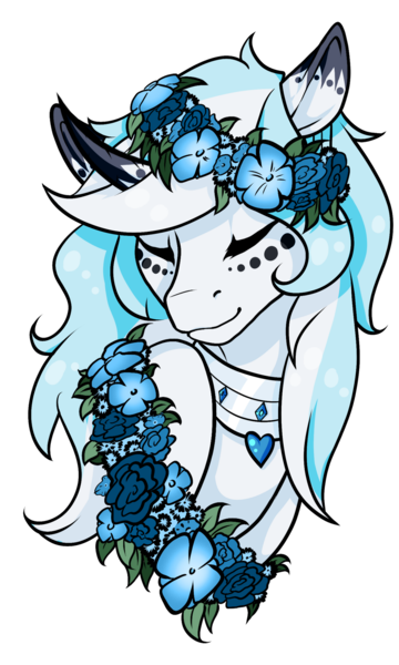 Size: 1024x1708 | Tagged: safe, artist:oneiria-fylakas, derpibooru import, oc, oc:shifter dreams, unofficial characters only, pony, unicorn, bust, curved horn, eyes closed, female, floral head wreath, flower, horn, mare, portrait, simple background, solo, transparent background