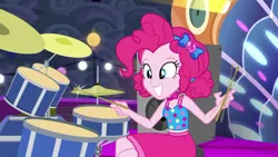 Size: 1920x1080 | Tagged: safe, derpibooru import, screencap, pinkie pie, equestria girls, equestria girls series, spring breakdown, spoiler:eqg series (season 2), all good (song), bow, clothes, cloud, collar, dress, drums, drumsticks, female, geode of sugar bombs, hair bow, heart, magical geodes, midriff, musical instrument, sitting, skirt, sleeveless, smiling, solo, stage, stereo