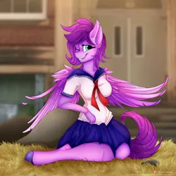 Size: 2000x2000 | Tagged: anthro, anthro oc, artist:kianara, clothes, derpibooru import, female, high res, highschool, mare, oc, one eye closed, pegasus, safe, sailor uniform, sexy, sitting, solo, student, uniform, unofficial characters only, wink