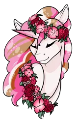 Size: 1578x2480 | Tagged: safe, artist:oneiria-fylakas, derpibooru import, oc, oc:pink pepper, unofficial characters only, pony, unicorn, bust, eyes closed, female, floral head wreath, flower, freckles, mare, portrait, simple background, solo, transparent background