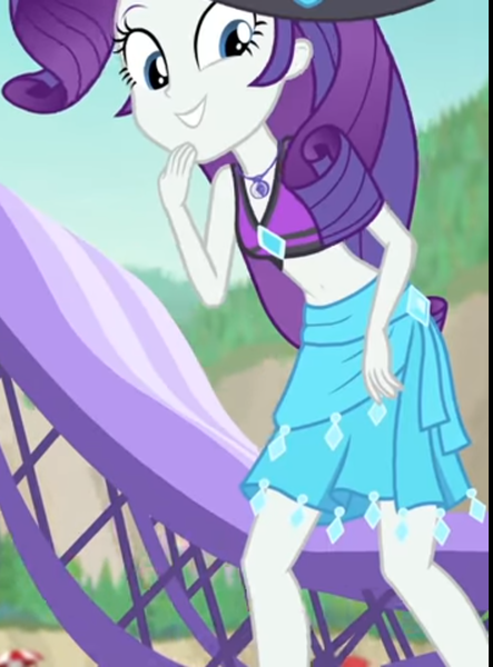 Size: 797x1080 | Tagged: safe, derpibooru import, screencap, rarity, equestria girls, equestria girls series, forgotten friendship, beach chair, beach hat, beach umbrella, belly button, bikini, bikini top, clothes, cropped, cute, diamond, female, forest background, geode of shielding, jewelry, laughing, legs, looking down, magical geodes, midriff, mountain, necklace, raribetes, sarong, sleeveless, smiling, solo, swimsuit