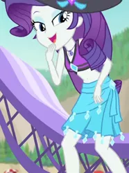 Size: 802x1080 | Tagged: safe, derpibooru import, screencap, rarity, equestria girls, equestria girls series, forgotten friendship, beach chair, beach hat, beach umbrella, belly button, bikini, bikini top, clothes, cropped, cute, diamond, female, forest background, geode of shielding, jewelry, legs, lidded eyes, looking down, magical geodes, midriff, mountain, necklace, open mouth, raribetes, sarong, sleeveless, smiling, solo, swimsuit