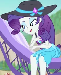 Size: 883x1070 | Tagged: safe, derpibooru import, screencap, rarity, equestria girls, equestria girls series, forgotten friendship, beach chair, beach hat, beach umbrella, bikini, bikini top, clothes, cropped, cute, diamond, female, forest background, geode of shielding, jewelry, legs, lidded eyes, looking down, magical geodes, midriff, mountain, necklace, raribetes, sarong, sleeveless, smiling, solo, swimsuit