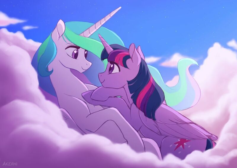 Size: 1024x724 | Tagged: safe, artist:akeahi, derpibooru import, princess celestia, twilight sparkle, twilight sparkle (alicorn), alicorn, pony, cloud, female, lesbian, looking at each other, mare, on back, on top, shipping, smiling, twilestia