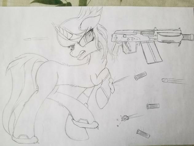 Size: 631x473 | Tagged: safe, artist:straighttothepointstudio, derpibooru import, oc, oc:emination harvest, unofficial characters only, pony, angry, armor, black and white, bullet, bullet hole, fluffy, grayscale, gun, long tail, monochrome, saiga 12k, shotgun, shotgun shell, solo, traditional art, weapon