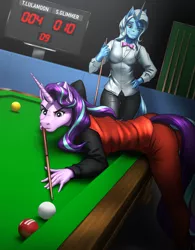 Size: 2527x3238 | Tagged: safe, artist:mykegreywolf, derpibooru import, starlight glimmer, trixie, anthro, unicorn, billiard ball, billiards, bowtie, clothes, commissioner:citizenwolf, competition, concentrating, cue ball, duo, eyebrows, eyelashes, eyes on the prize, female, image, leaning, leaning forward, leaning on table, mare, png, pool cue, pool table, scoreboard, suit, thigh gap, vest