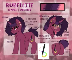 Size: 2500x2100 | Tagged: suggestive, artist:sailor, deleted from derpibooru, derpibooru import, oc, oc:rubellite, unofficial characters only, pony, unicorn, cute, cutie mark, dock, dock piercing, ear piercing, female, glasses, mare, ocbetes, piercing, reference, reference sheet, text, tongue out