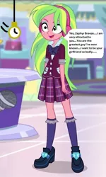 Size: 375x624 | Tagged: safe, derpibooru import, edit, edited screencap, editor:thomasfan45, screencap, lemon zest, human, dance magic, equestria girls, spoiler:eqg specials, 1000 hours in ms paint, blouse, bow, canterlot mall, clothes, cropped, crystal prep academy uniform, description is relevant, female, headphones, hypno eyes, hypnosis, hypnotized, implied zephyr breeze, kneesocks, male, offscreen character, offscreen male, open mouth, pendulum swing, pocket watch, request, school uniform, shoes, skirt, smiling, socks, solo, speech bubble, story included, trance