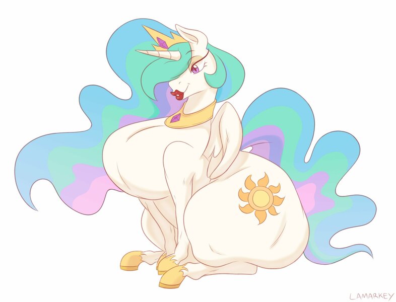 Size: 2226x1700 | Tagged: suggestive, artist:lamarkey, derpibooru import, princess celestia, alicorn, pony, bimbo, bimbo celestia, breasts, chestbreasts, crown, cutie mark, dick sucking lips, eyeshadow, female, hair over one eye, horn, jewelry, lipstick, makeup, puffed chest, quadrupedal chest boobs, red lipstick, regalia, simple background, sitting, smiling, solo, solo female, wat, wings, yellow eyeshadow